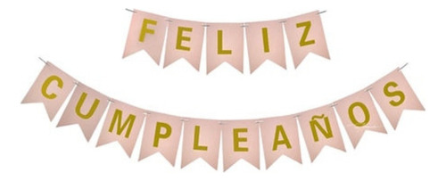 Cartel Banderines Feliz Cumpleaños Rosa Rosa Y Dorado