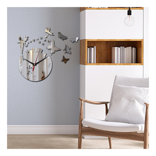 Reloj De Pared Con Espejo Mariposas Plateado Pegatinas Pared
