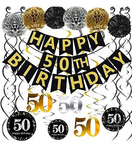 Famoby Black & Gold Glittery Happy 50th Birthday Banner, Pom