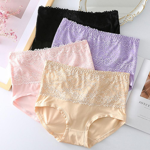 Bragas Sexy De Algodón Con Encaje De Cintura Alta, 4 Piezas