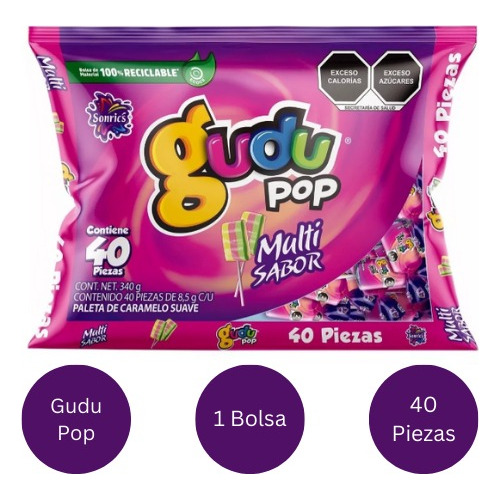 Paleta Gudu Pop Multisabor 40 Pz Caramelo Suave Dulce 