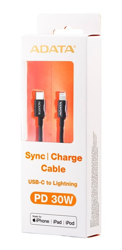 Imagen 4 de 4 de Cable De Carga Usb C A Lightning Mfi 30w Negro Adata