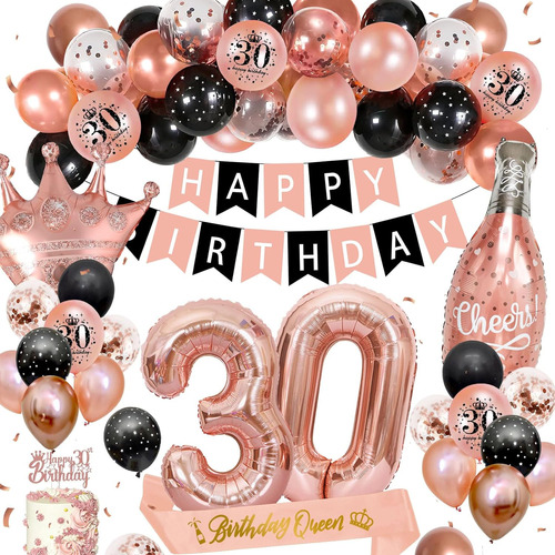 Set De Globos Para Cumpleaños Número 30 Dorado Rosa Y Negro