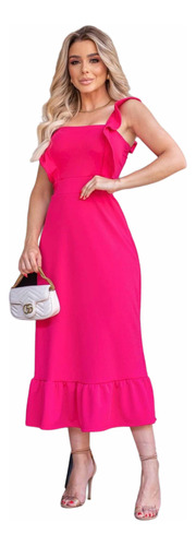 Vestido Midi Acinturado Tubinho Crepe Super Elegante Pink