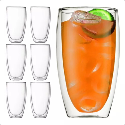 Set 6 Vasos Doble Pared Vidrio Taza Sin Asa 450ml