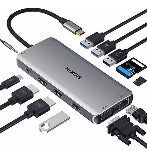 Estación de acoplamiento USB C a adaptador HDMI dual, MOKiN USB C Hub Dual  HDMI Monitores para Windows, adaptador USB C con HDMI dual, 3 puertos USB