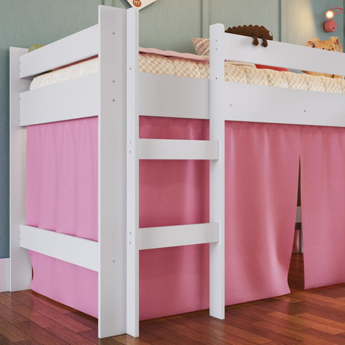 Cama Infantil Elevada Casinha Solteiro Escada E Escorregador Cor Branco Com Rosa Mktpbb1000