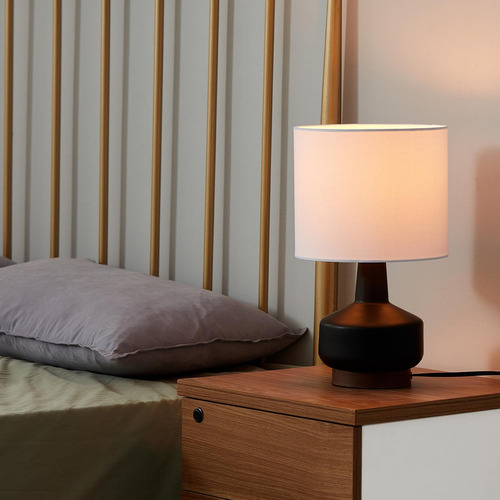 Lámpara De Mesa Cerámica 38 Cm Negro Con Base Madera