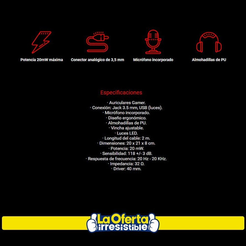 Imagen 6 de 6 de Auriculares Gamer Kolke Phoenix Luces Led Micrófono Loi