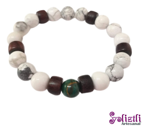 Pulsera Howlita, Crisoprasa Y Madera - Yoliztli Artesanal