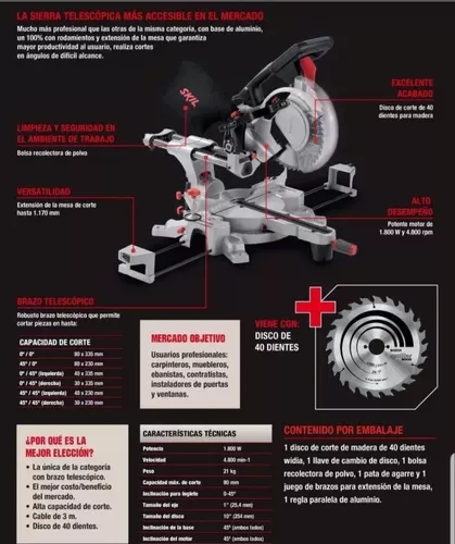 Sierra ingleteadora telescópica 1800W corte madera y aluminio 2 1