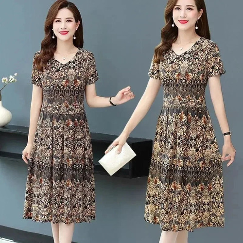 Elegante Vestido Midi Con Cuello En V Y Estampado Floral Par