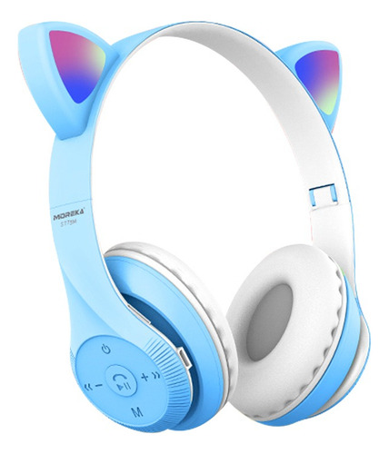 Audifonos Orejas De Gato Bluetooth 5.3 Led Diadema Ninos Color Celeste