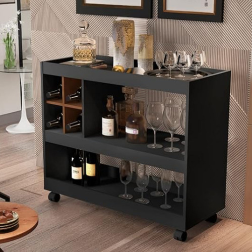 Mueble Cantina Bar Cava Para Botellas Y Copas Carrito Negro/nogal