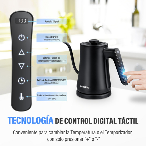 Tetera Hervidora Eléctrica de Acero Inoxidable con Cuello de Cisne,1000W Temporizador y Control de Temperatura,Jarra Portátil para Café, Té y Agua Hirviendo,Calentamiento Rápido y Auto Apagado