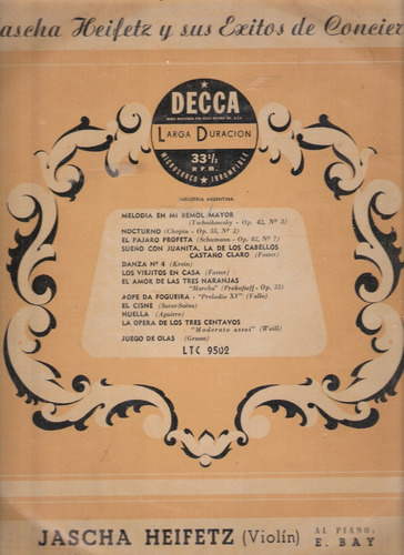 Disco  Vinilo Lp.  Heifetz  Violin Piano  Antiguo Canjes