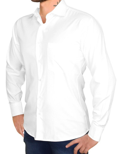 Camisa Hombre Manga Larga Parllieni Color Blanca Lisa Vestir