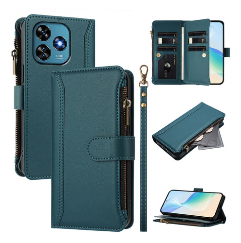 Funda Para Teléfono Oukitel C51, De Piel, Bolsillo Con Cremallera, 9 Ranuras Para Tarjetas Y Correa Para La Muñeca