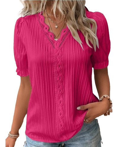 Camisa Informal De Manga Corta Con Cuello En V Para Mujer