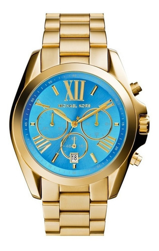 Reloj Michael Kors Mk5975 Bradshaw dorado original con fondo azul, color turquesa