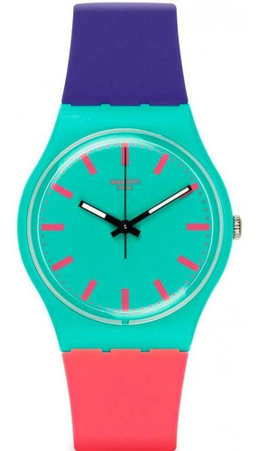 Reloj Swatch Gg215 Shunbukin Silicona 100% Original Color de la correa Azul/Rosa Color del bisel Verde agua Color del fondo Verde agua