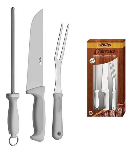 Kit Churrasco 3 Pçs Inox Faca Garfo E Chaira Branco 2554/102