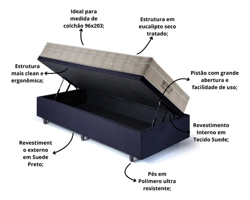 Base Box Baú 96x203 Suede Preto Com Colchão Airtech Ortobom