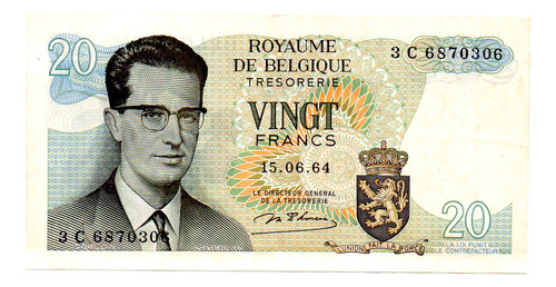 Billete Bélgica 20 Francos Pick 138a.1, Año 1964 Mb