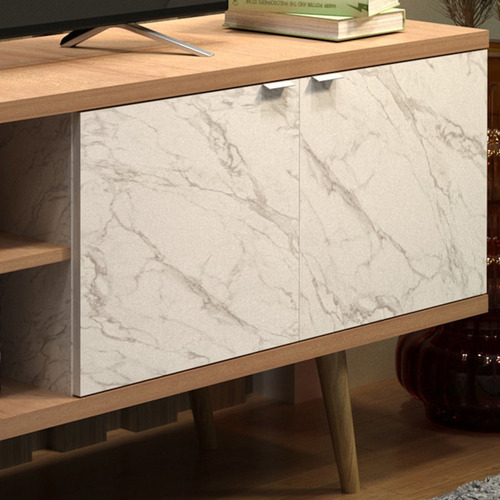 Rack Para Tv 55 Pol 160 Cm 2 Portas R1482 Amendoa Marmore Branco