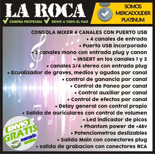 Consola Mixer Parquer Mip4a 4 Canales Usb Efectos Phantom