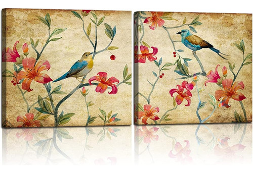 Pájaros Vintage Flores Pinturas Arte En Lienzo Arte De La Pa