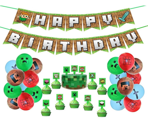 Pixel Style Gamer Party Supplies Minero Theme Fiesta De...