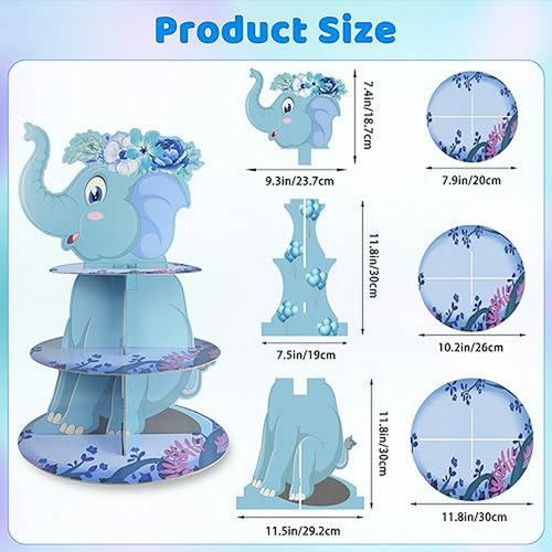 Soporte Para Cupcakes De Elefante Azul De 3 Niveles, 19.1 Pu