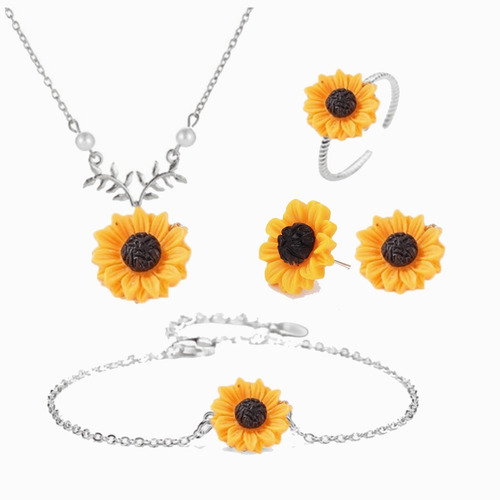 Kit De Collar Arete Aro Brazalete Tipo Girasol P/mujer 4 Pzs