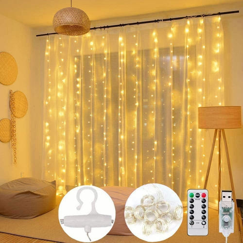 Cortina Luces Led 3x3 M Navidad Fiesta Usb Remoto 8 Modos