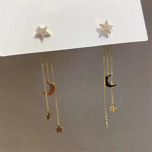Imagen 4 de 4 de Aretes Mujer Largos Dorados Estrella Luna Moda Circonias