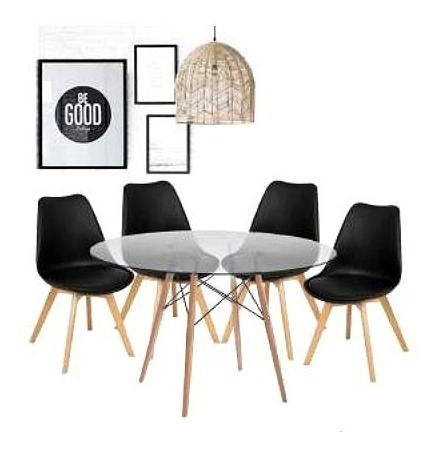 Combo Mesa Vidrio Redonda Eames 4 Sillas Tulip Escandinavo