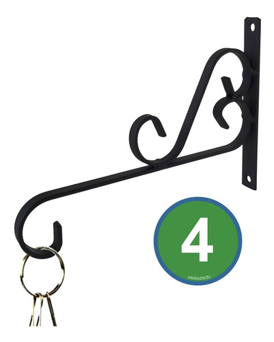 Imagem 1 de 8 de Gancho Suporte Rústico P/ Plantas Parede 20cm Preto Kit C/ 4