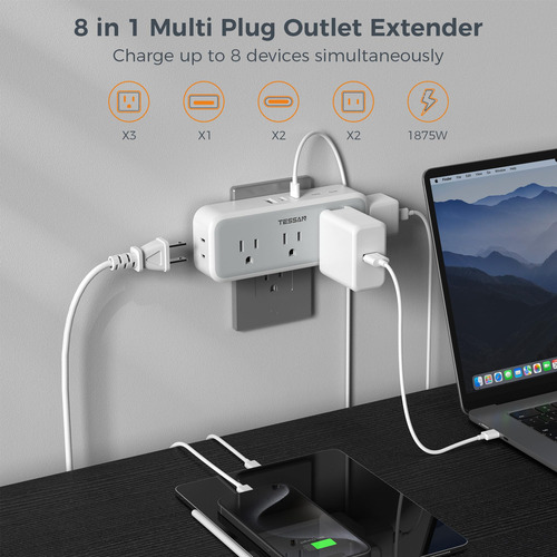 Extensor De Enchufes MĂșltiples Tessan Con 5 Enchufes Y 3 Usb