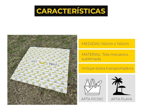 Imagen 6 de 7 de Lona Playera Lona Picnic Con Bolsa 140x140 Banana Just Smile