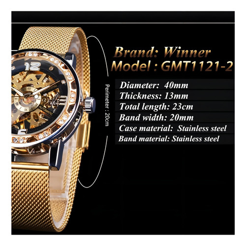 Relojes de pulsera mecánicos Forsining 1201 Skeleton, color de fondo dorado