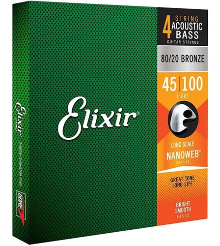 14502 Elixir Encordoamento P/ Baixolão 4 Cordas 045 Nanoweb