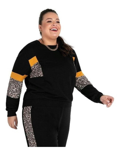 Casaco Feminino Moletom Plus Size Manga Longa Com Punho