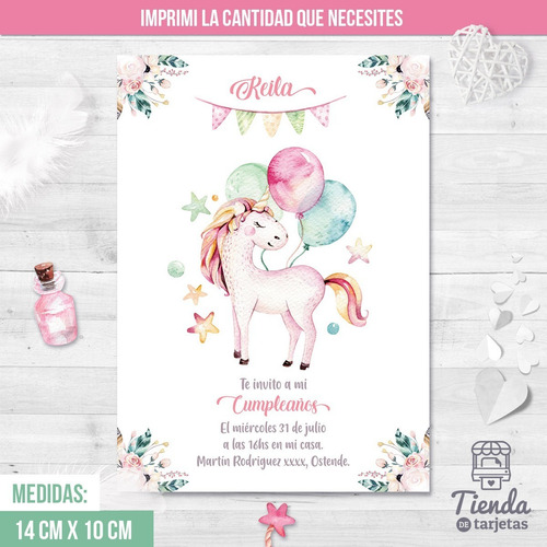 Imagen 3 de 4 de Invitación Digital + Imprimible - Unicornio Y Globos