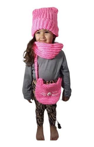 Combo Gorro Bufanda  Cartera Niña  Lana Abrigada Sheli 893