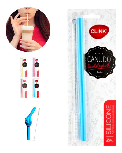 Canudo Silicone Canudinho Ecológico con Escova Para Limpeza Cor Azul