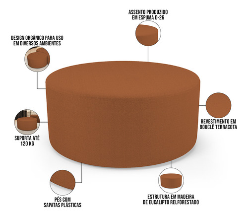 Puff Redondo Orgânico Para Living 90cm Lola Bouclê Terracota