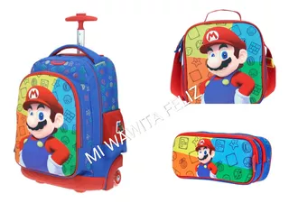 Pack Mario Rainbow Mochila Ruedas Oficio Lonchera Cartuchera