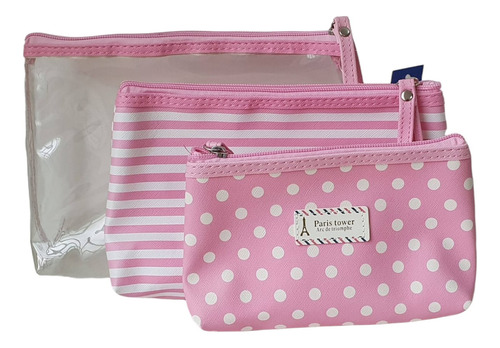 Bolsa Necessaire Rosa Tripla Paris Tower Com Ziper Cor Rosa E Branco Desenho Do Tecido Bolinha