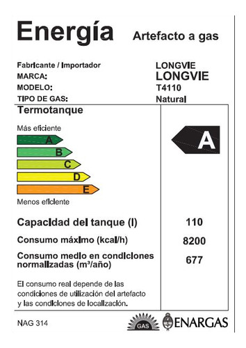 Imagen 3 de 7 de Termotanque A Gas Longvie 110 Litros T4110-n